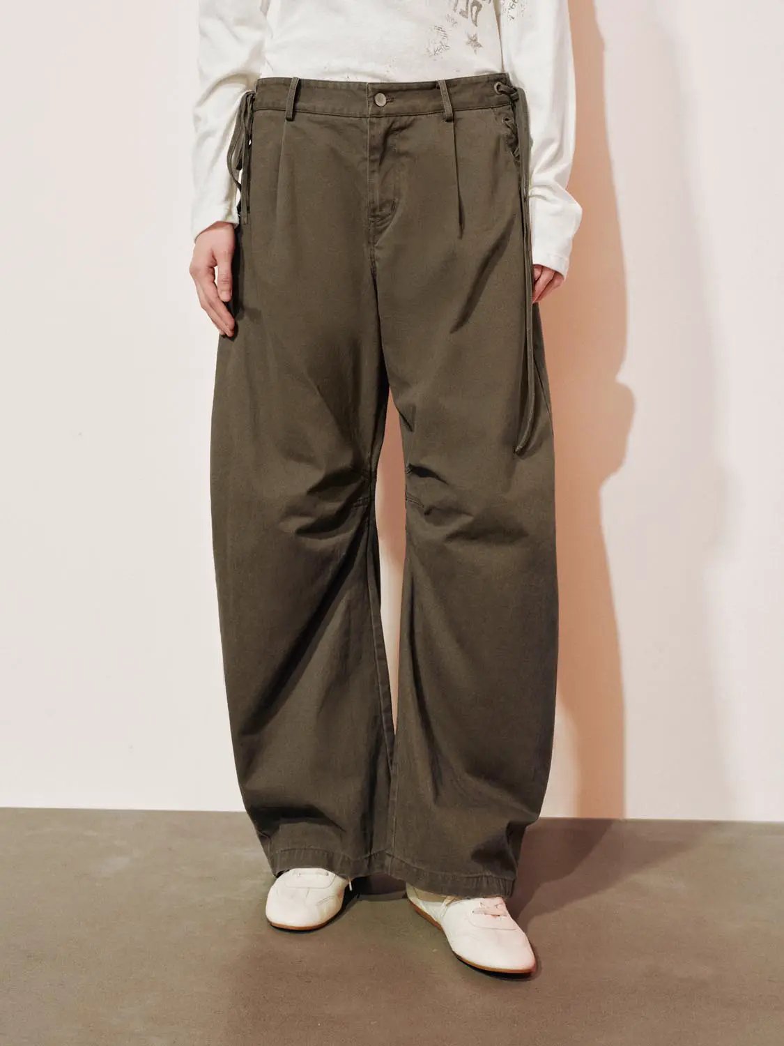 High-waisted Pleated Side Tie Cotton Wide-leg Pants
