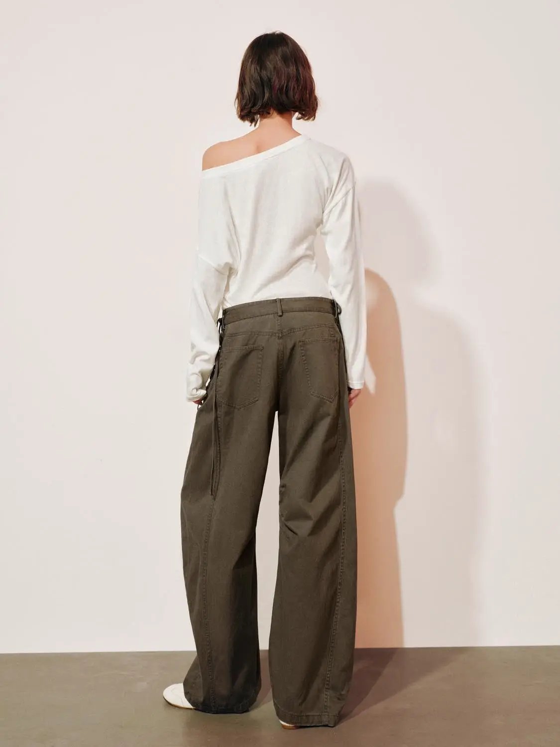 High-waisted Pleated Side Tie Cotton Wide-leg Pants
