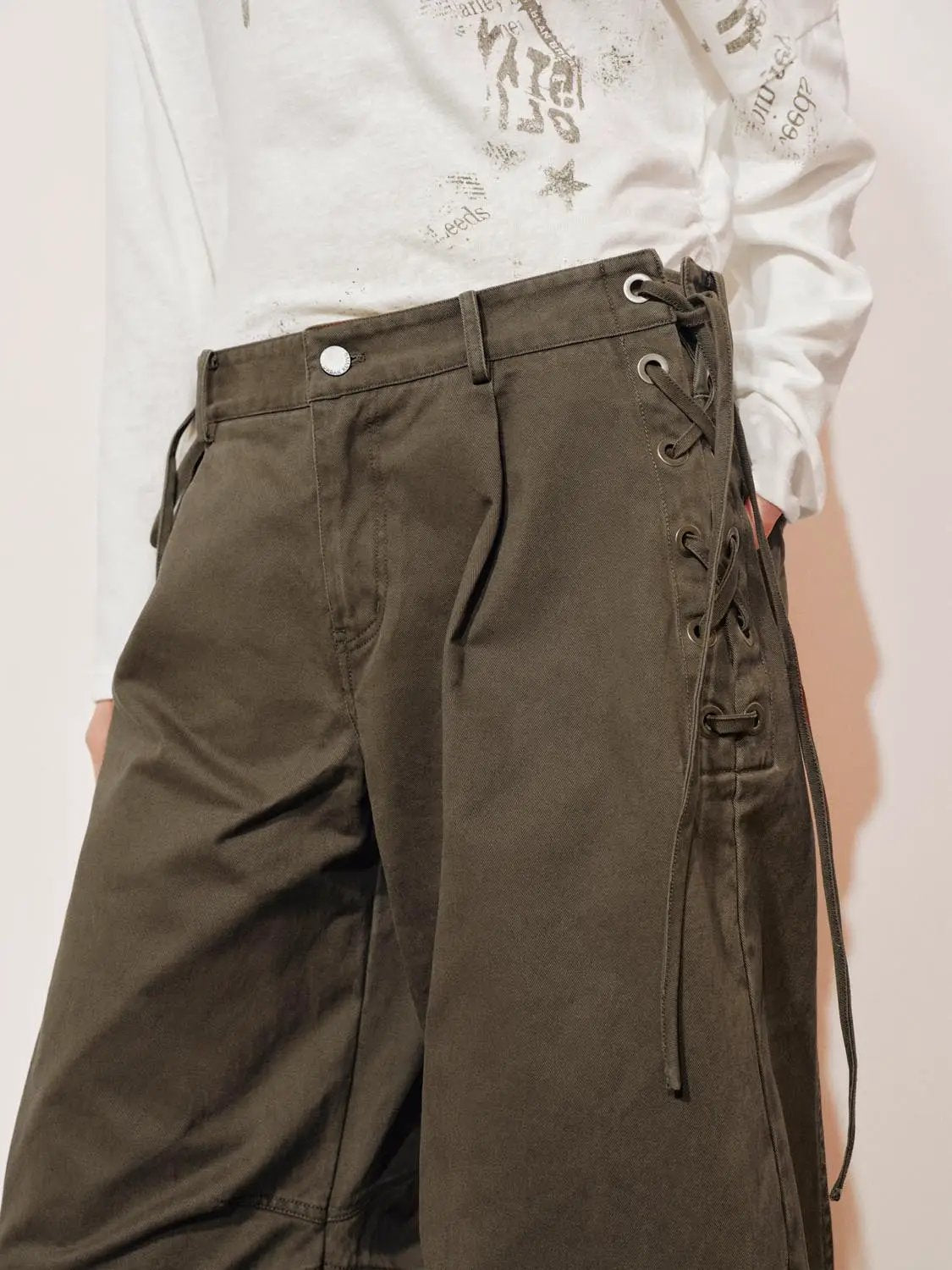 High-waisted Pleated Side Tie Cotton Wide-leg Pants