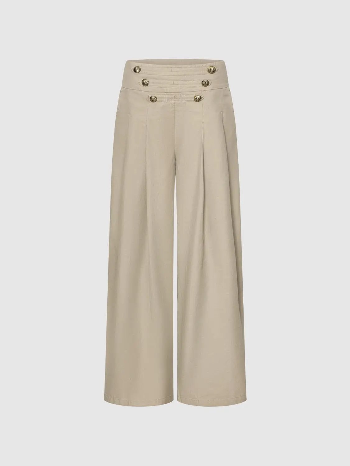 Pleated Button Mid-rise Cotton Blend Wide-leg Pants