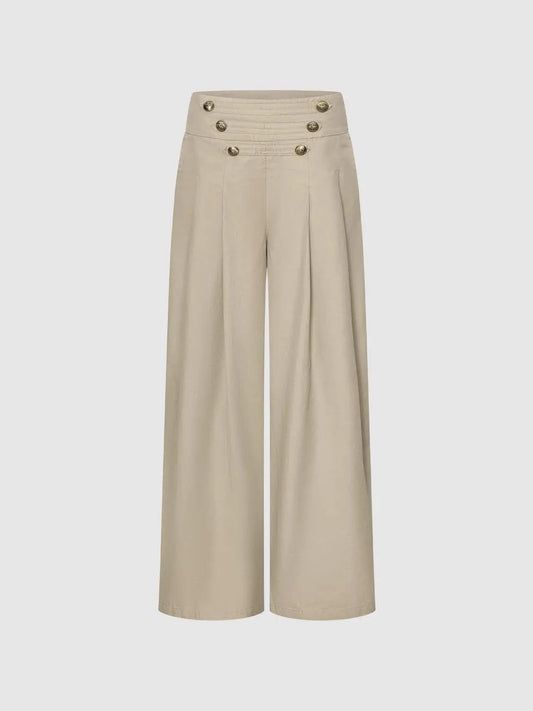 Pleated Button Mid-rise Cotton Blend Wide-leg Pants