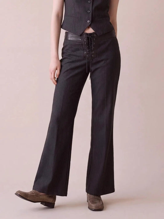 Charcoal Pinstripe Corset Lace Waist Flared Pants