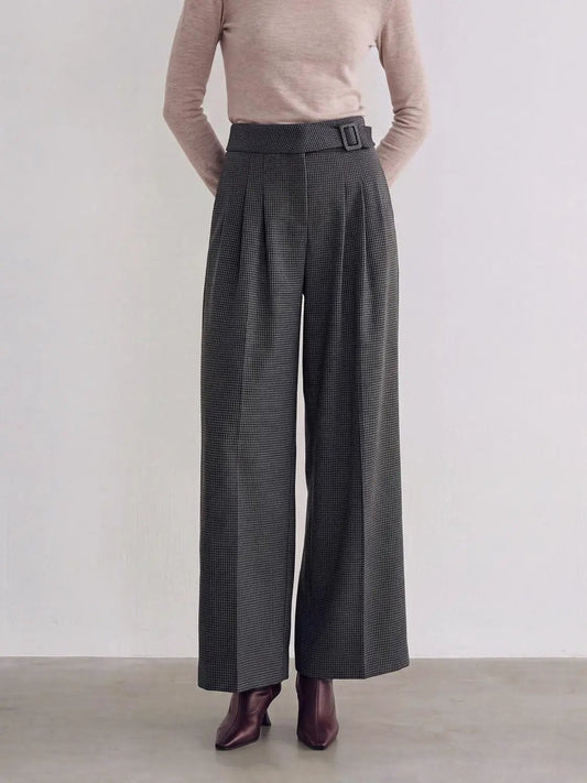 Mid-rise Belted Front Pleated Checked Wide-leg Pants