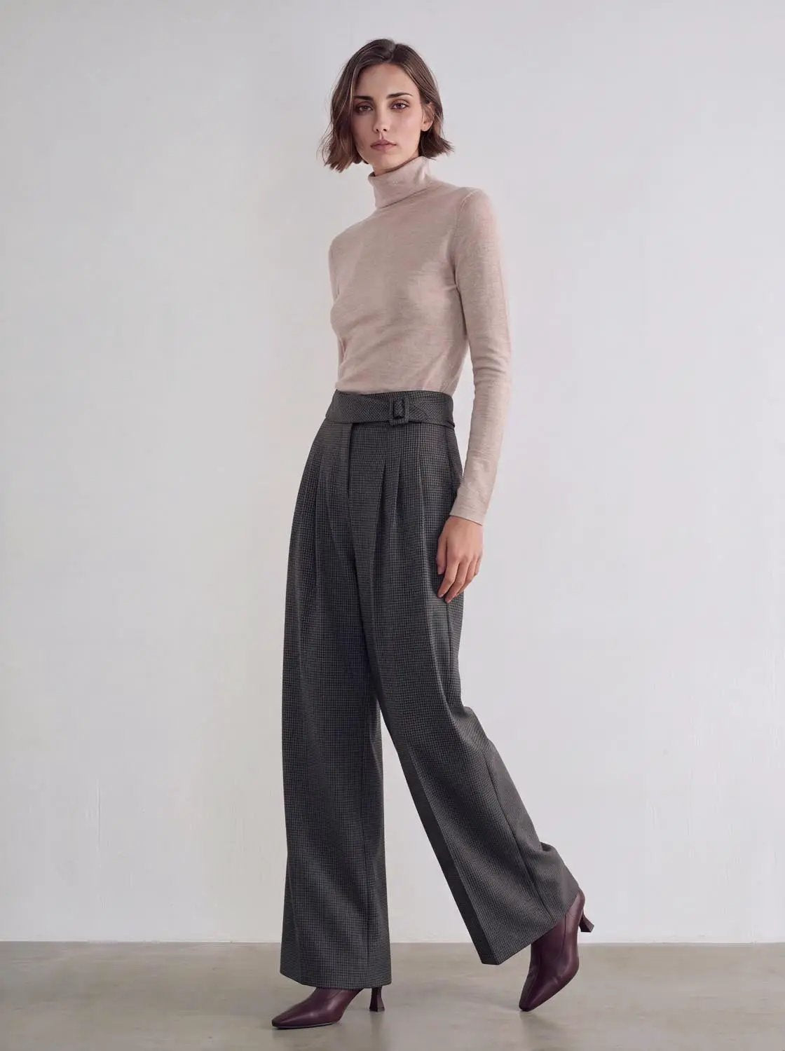 Mid-rise Belted Front Pleated Checked Wide-leg Pants