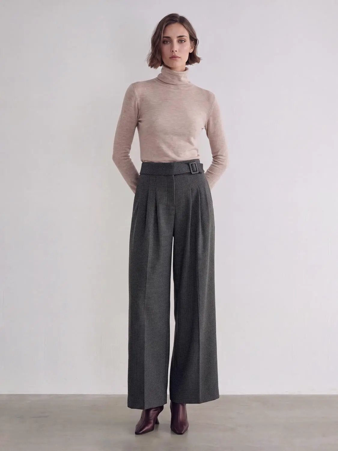 Mid-rise Belted Front Pleated Checked Wide-leg Pants