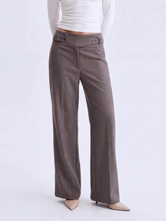 Thick Pinstripe Buckle Waist Straight-Leg Pants