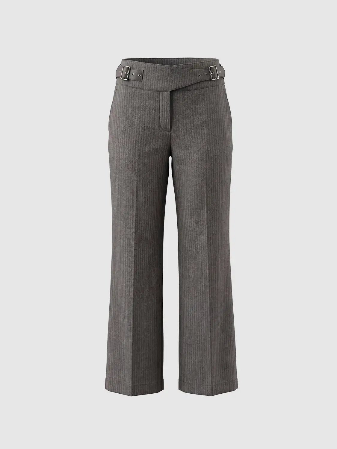 Thick Pinstripe Buckle Waist Straight-Leg Pants