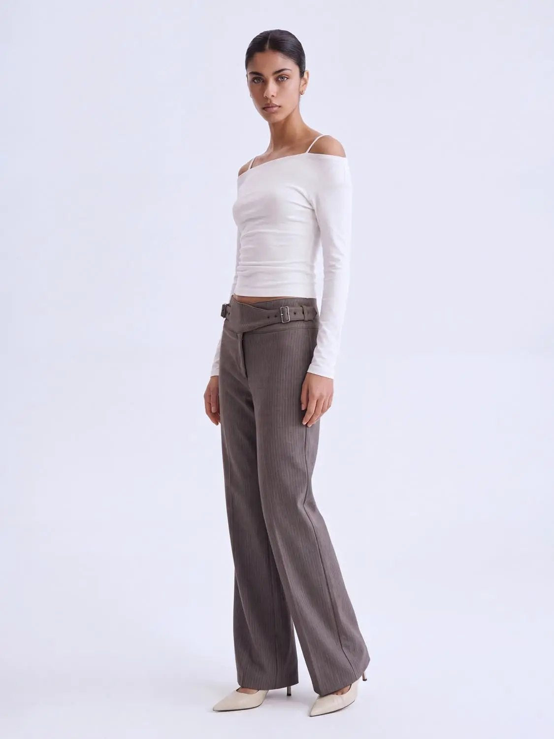 Thick Pinstripe Buckle Waist Straight-Leg Pants