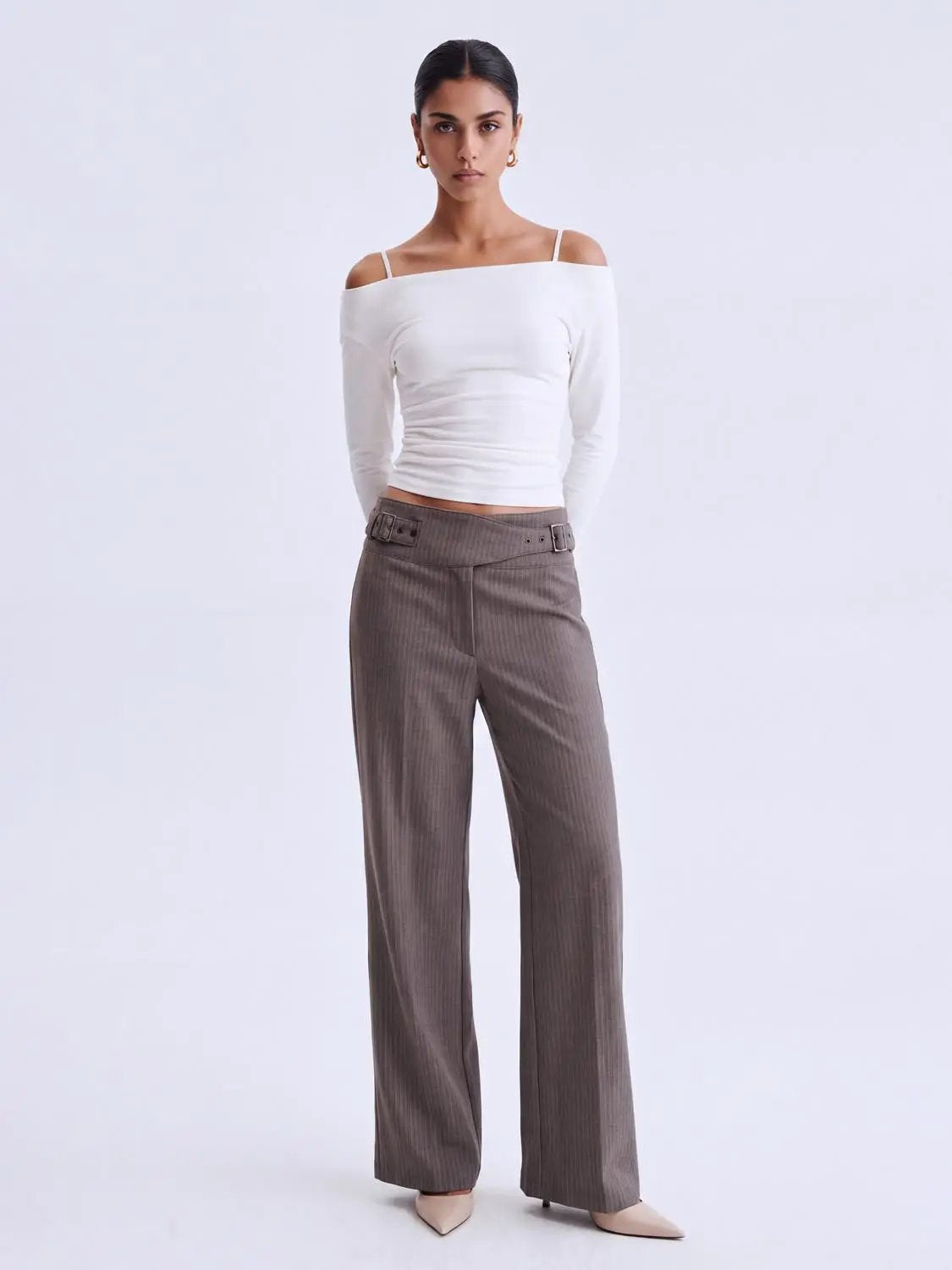 Thick Pinstripe Buckle Waist Straight-Leg Pants