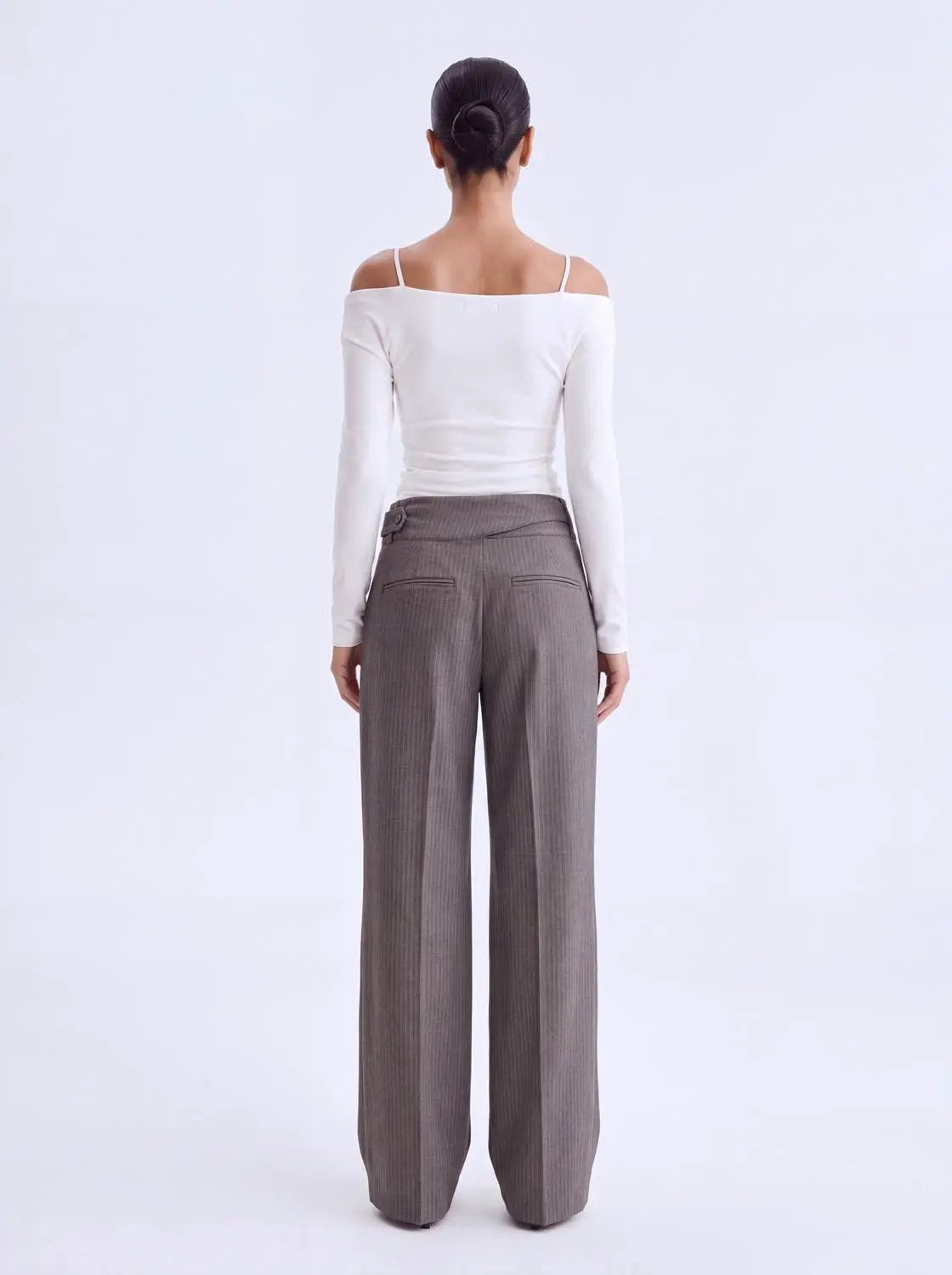 Thick Pinstripe Buckle Waist Straight-Leg Pants