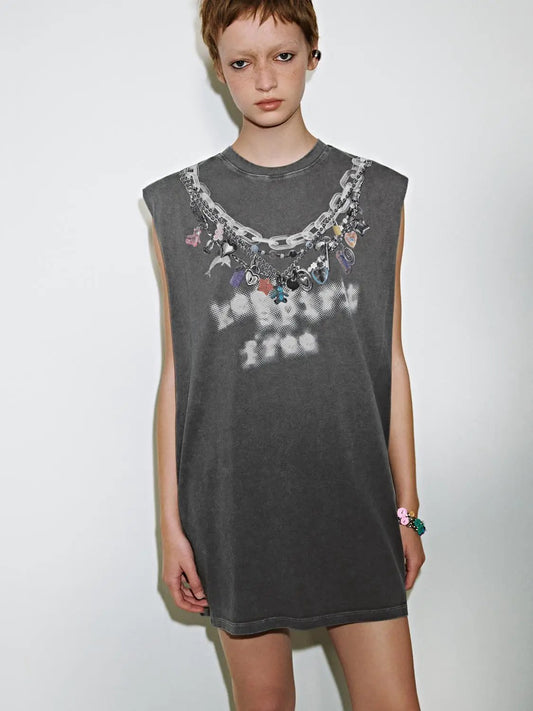 Chain Print Round Neck Sleeveless Straight Cotton Mini Dress