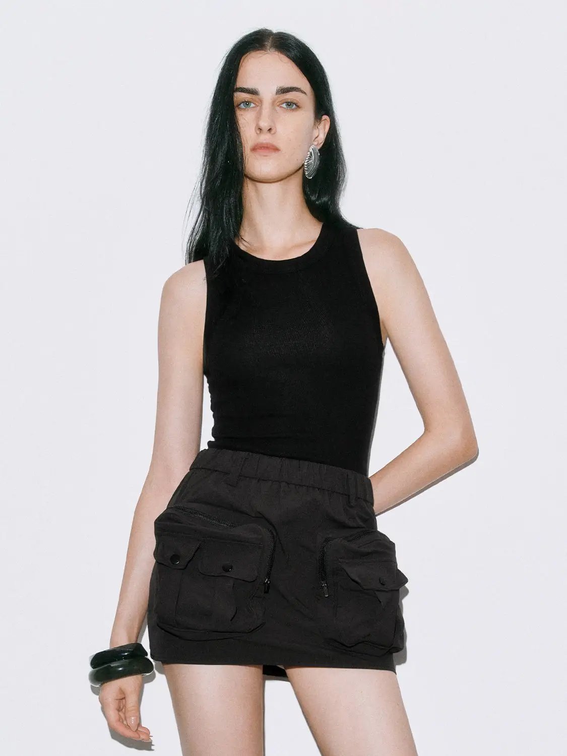 Round Neck Wide Strap Fitted Cotton Knit Tank Top