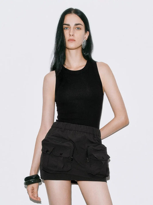 Round Neck Wide Strap Fitted Cotton Knit Tank Top