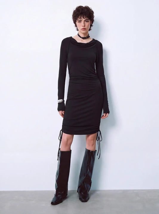 Hooded Cowl Neck Ruched Drawstring Slim Fit Mini Dress