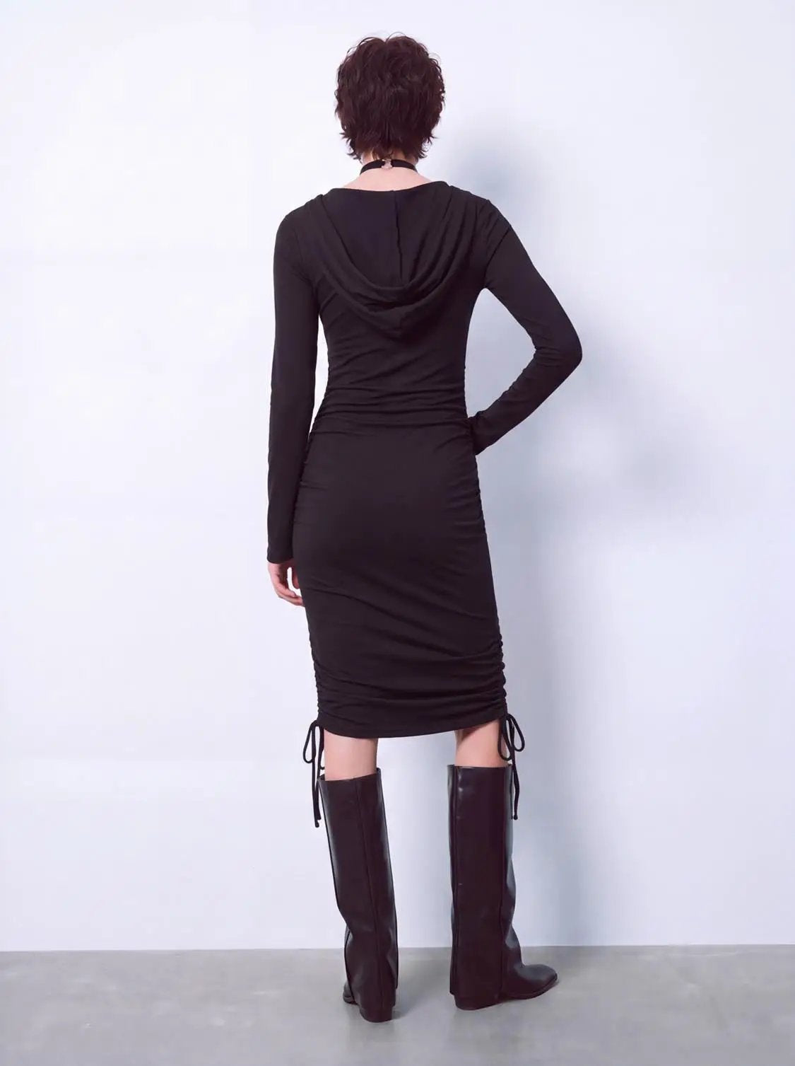 Hooded Cowl Neck Ruched Drawstring Slim Fit Mini Dress