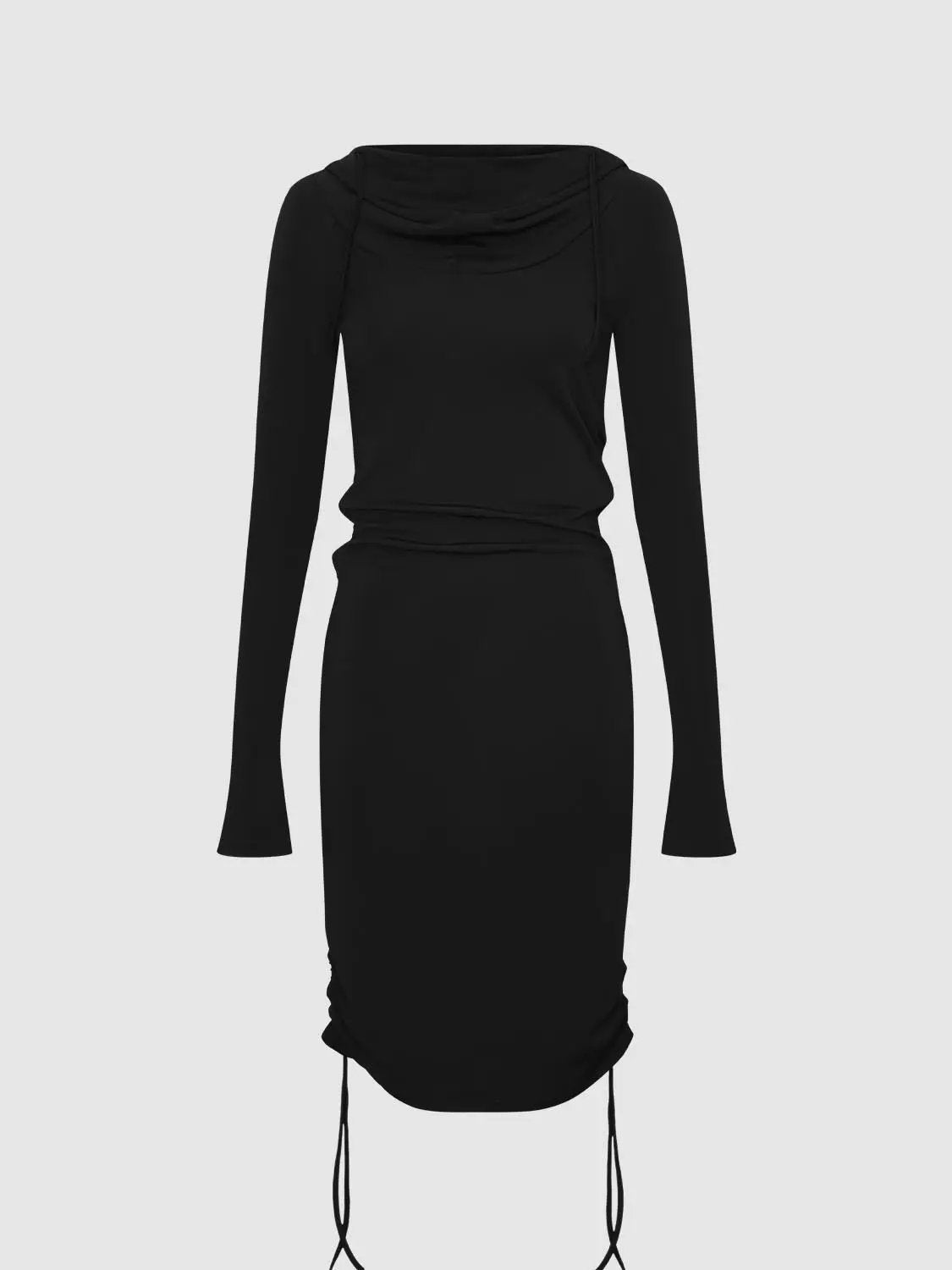 Hooded Cowl Neck Ruched Drawstring Slim Fit Mini Dress