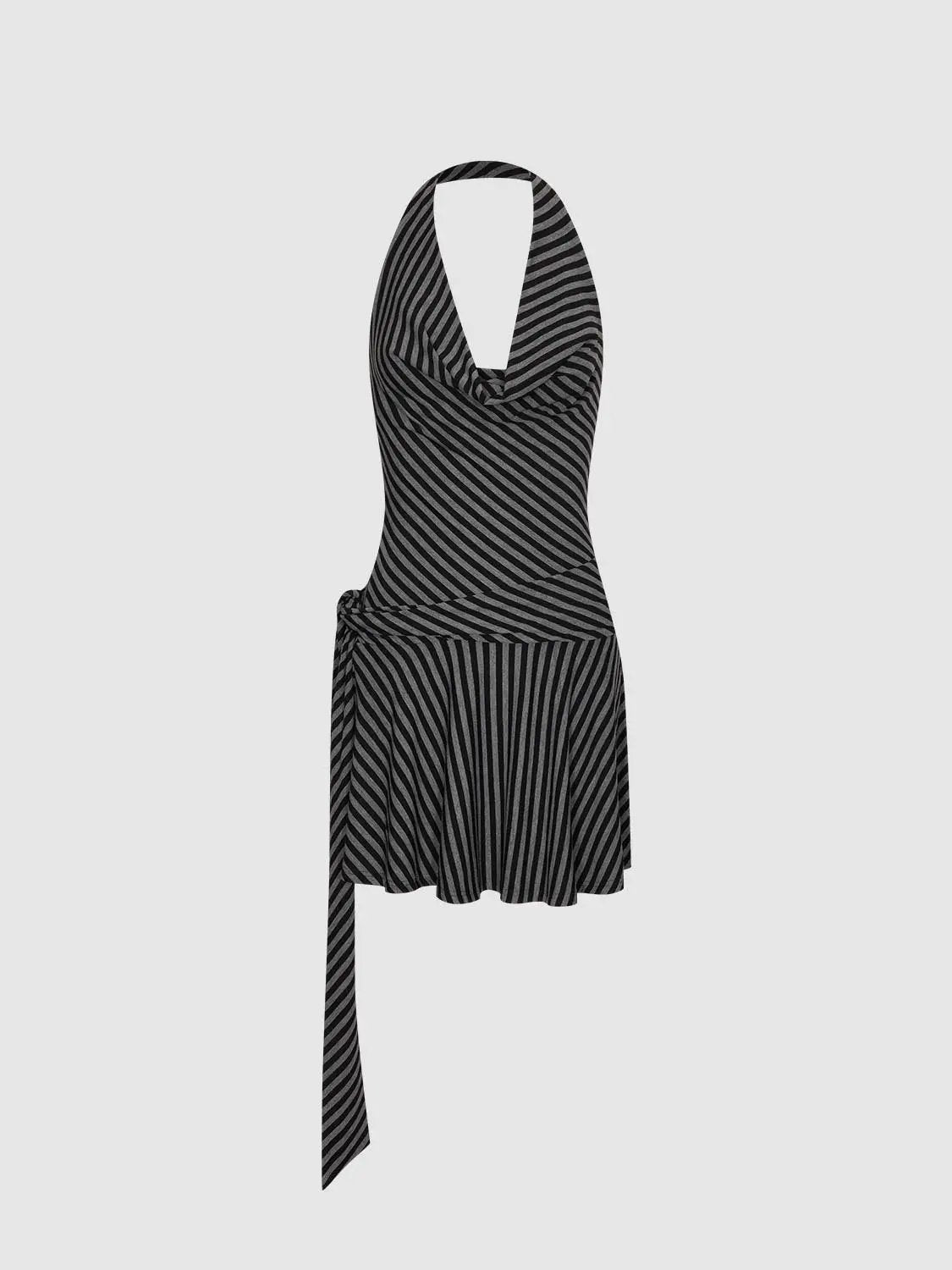 Halter Deep V Striped Ruched Sash Tie Flared Mini Dress