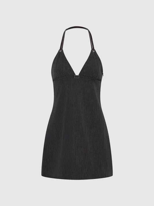 Striped Ribbed A-Line V-Neck Sleeveless Mini Dress