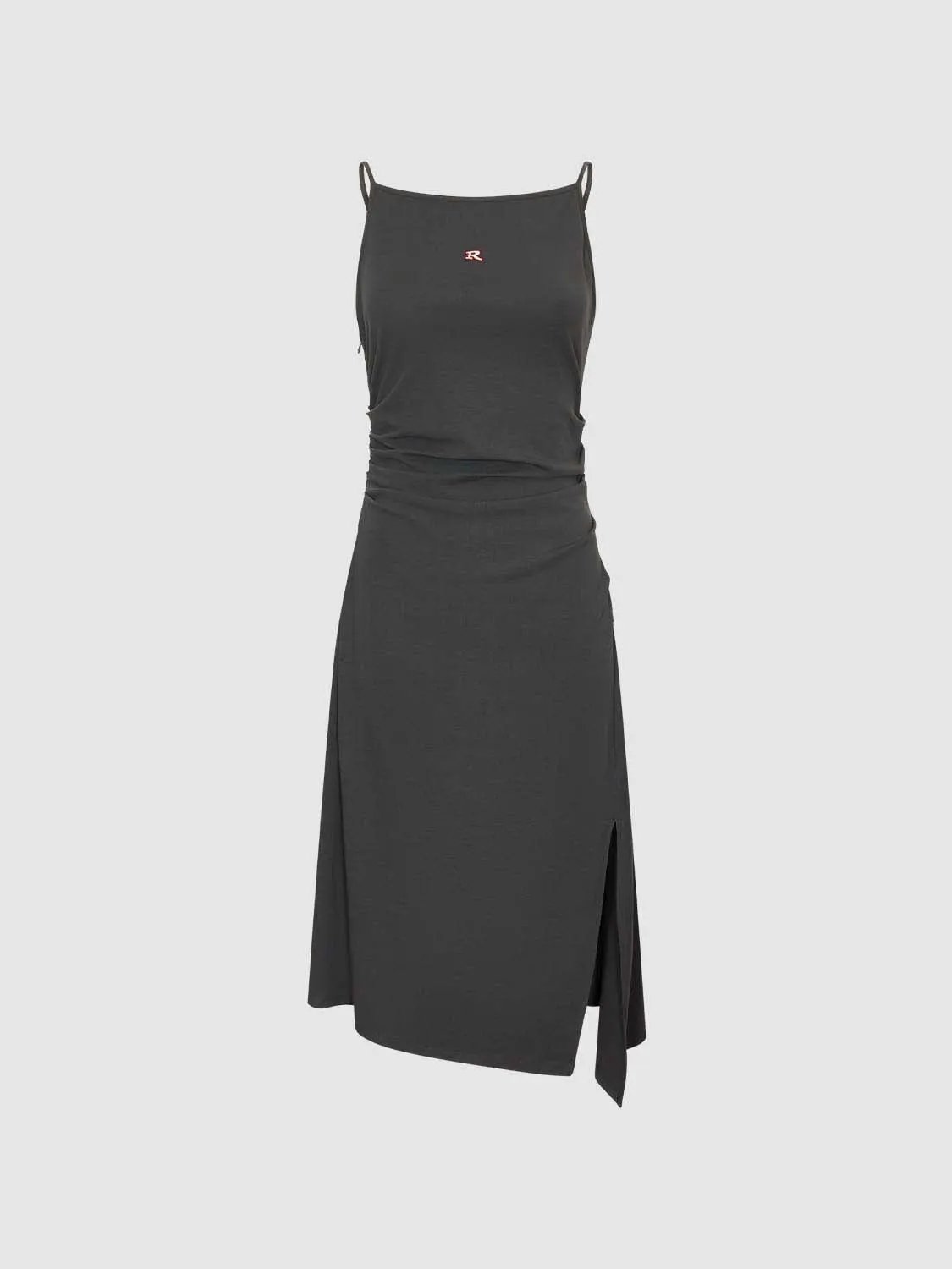 Ruched Waist Side Slit Spaghetti Strap Midi Dress