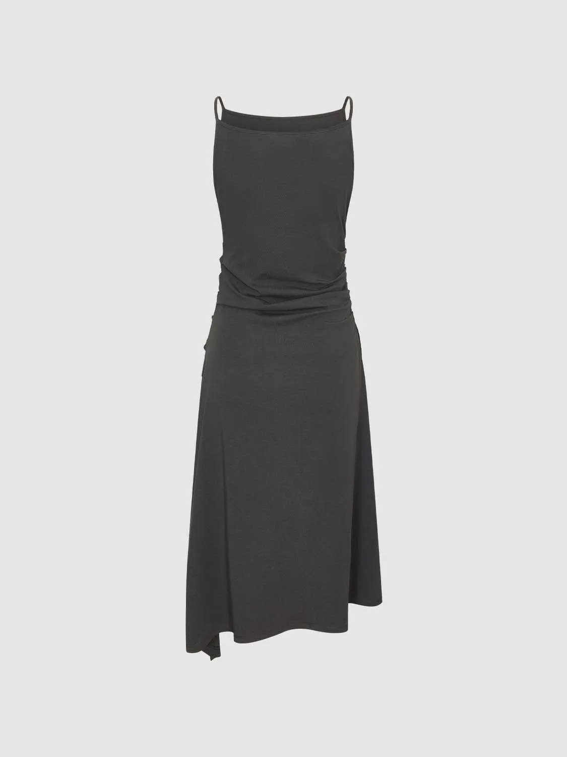 Ruched Waist Side Slit Spaghetti Strap Midi Dress