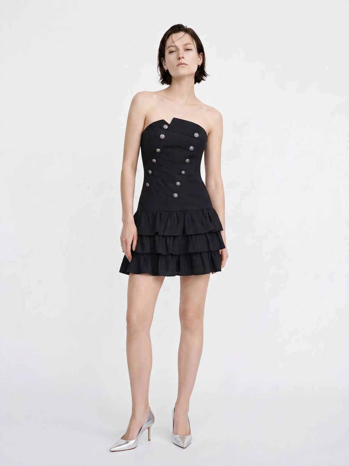 Strapless Corset Bodice Tiered Hem Cotton Linen Dress