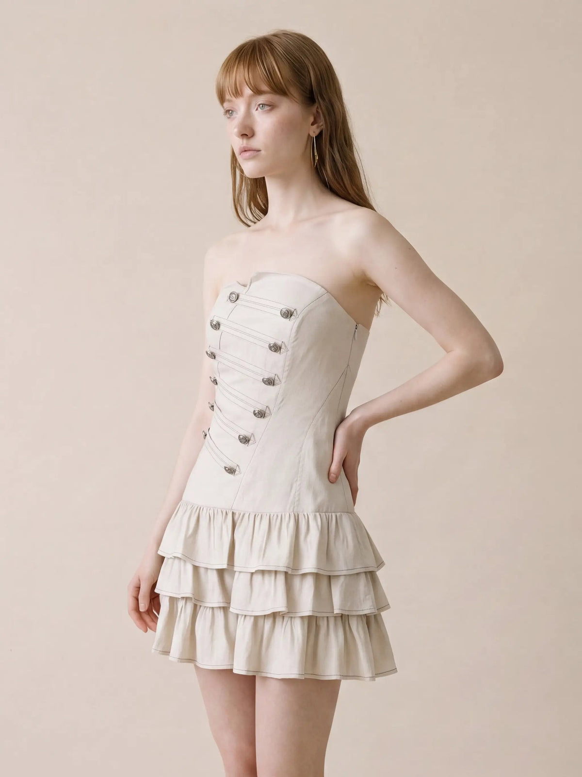 Strapless Corset Bodice Tiered Hem Cotton Linen Dress