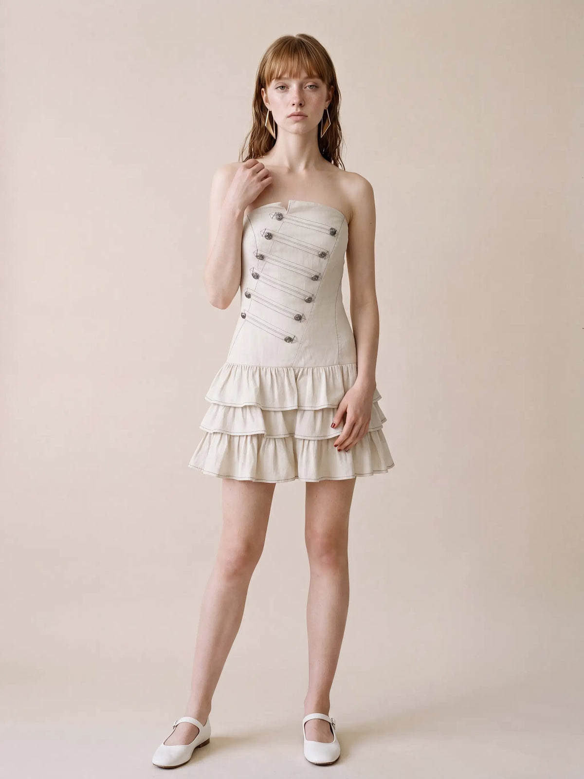 Strapless Corset Bodice Tiered Hem Cotton Linen Dress