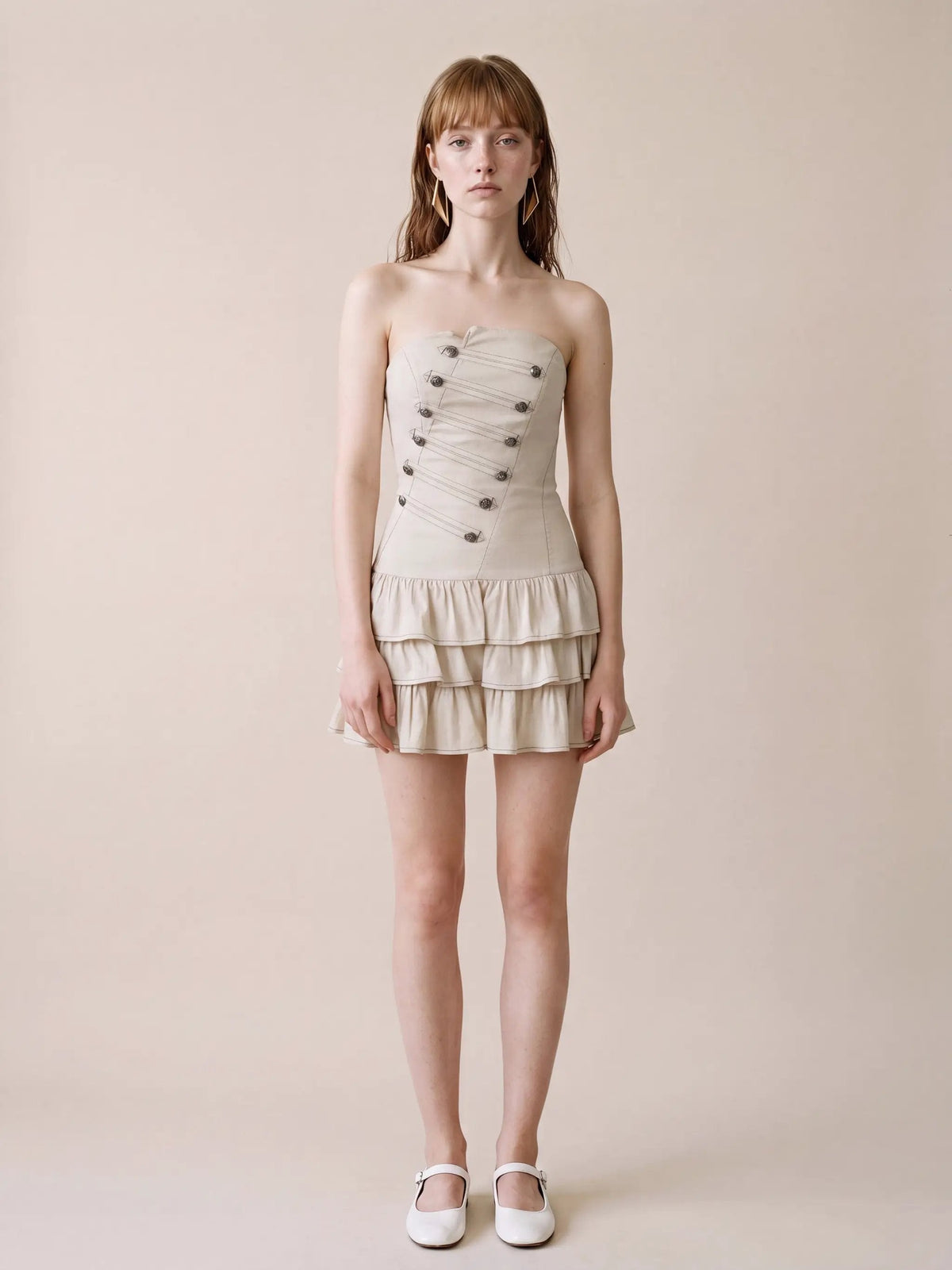Strapless Corset Bodice Tiered Hem Cotton Linen Dress