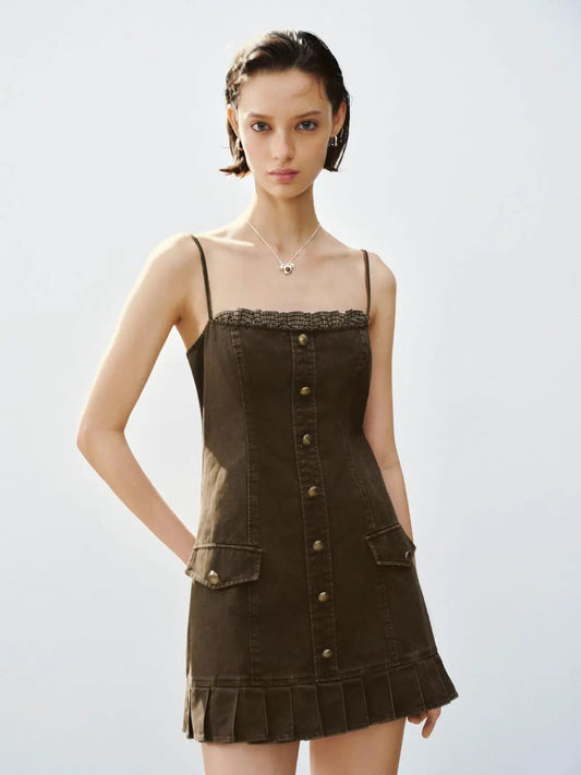 Pleated Ruffle A Line Button Front Sleeveless Mini Cotton Cami Dress