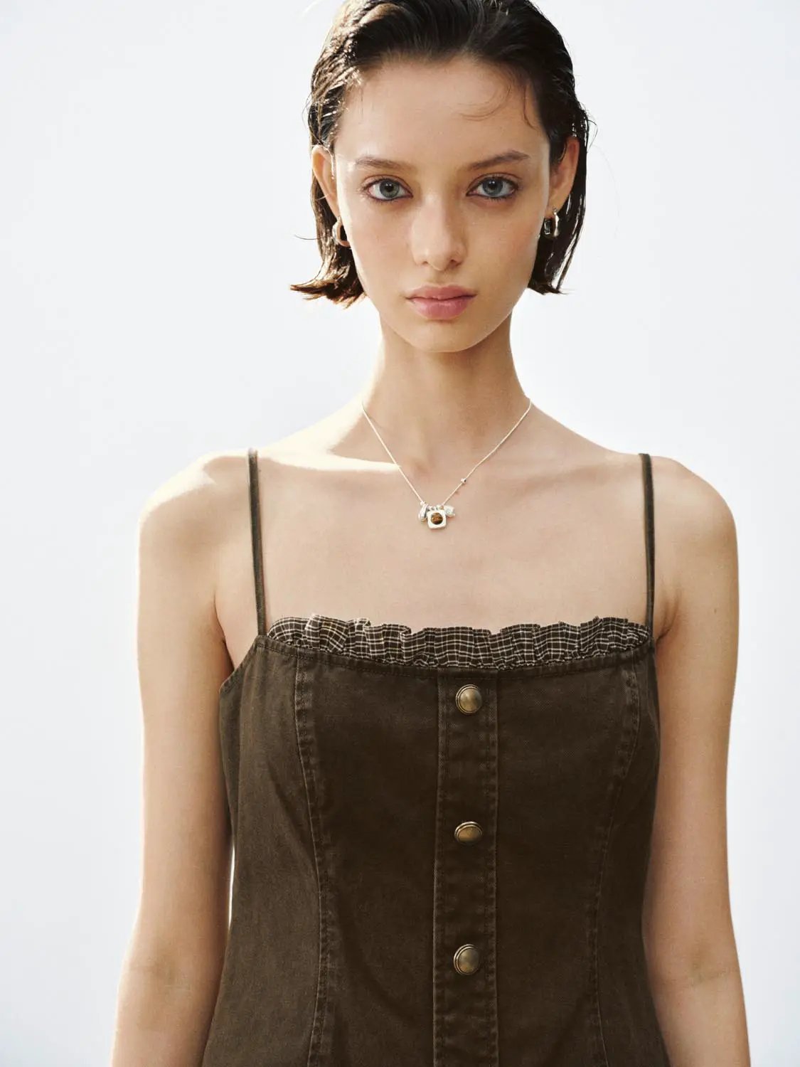 Pleated Ruffle A Line Button Front Sleeveless Mini Cotton Cami Dress