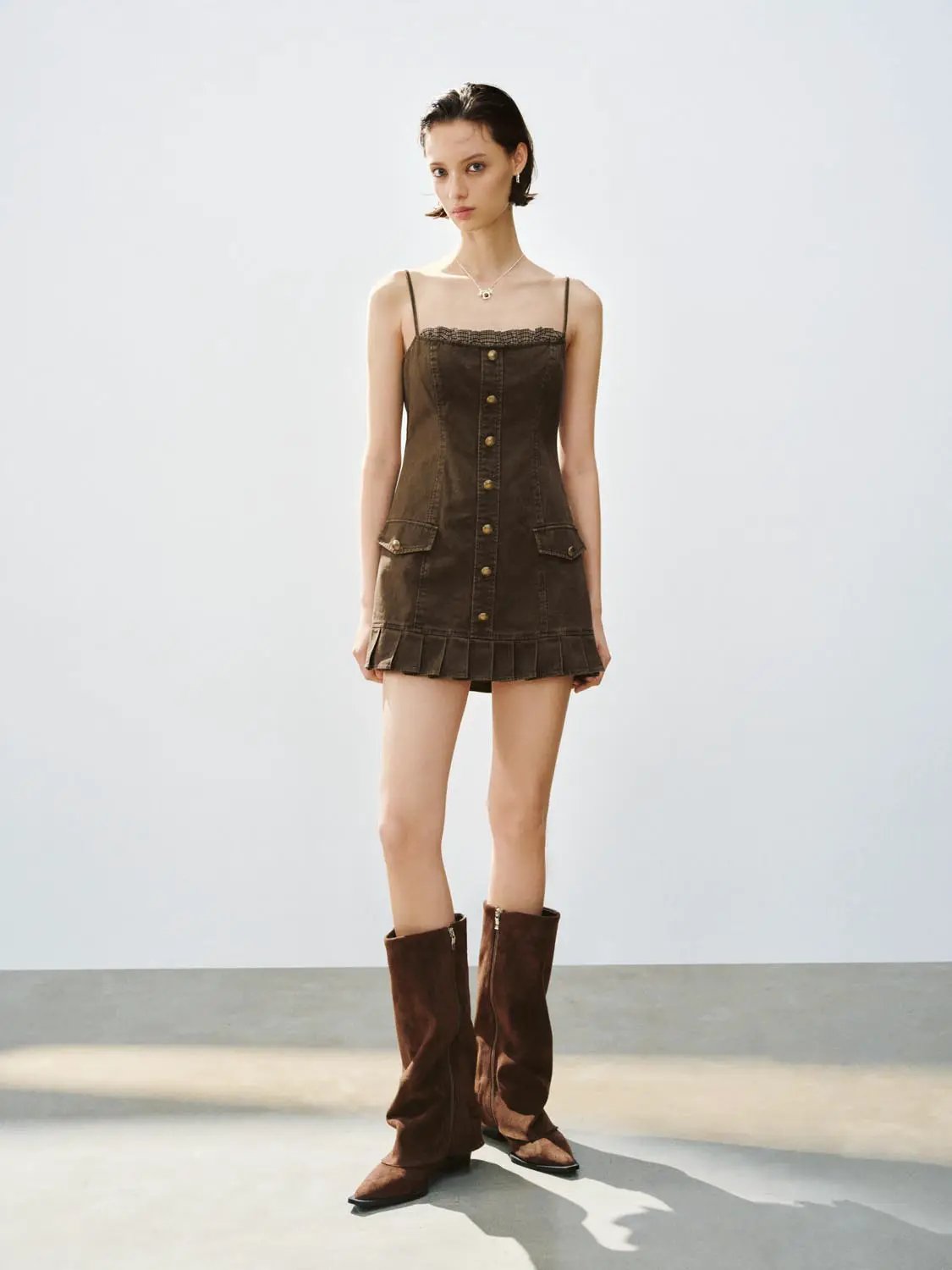 Pleated Ruffle A Line Button Front Sleeveless Mini Cotton Cami Dress