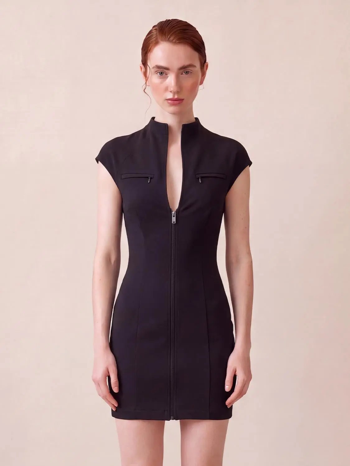 S-Shaped Zip Front Sleeveless Cotton Blend Mini Dress