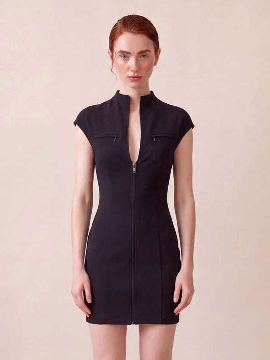 S-Shaped Zip Front Sleeveless Cotton Blend Mini Dress