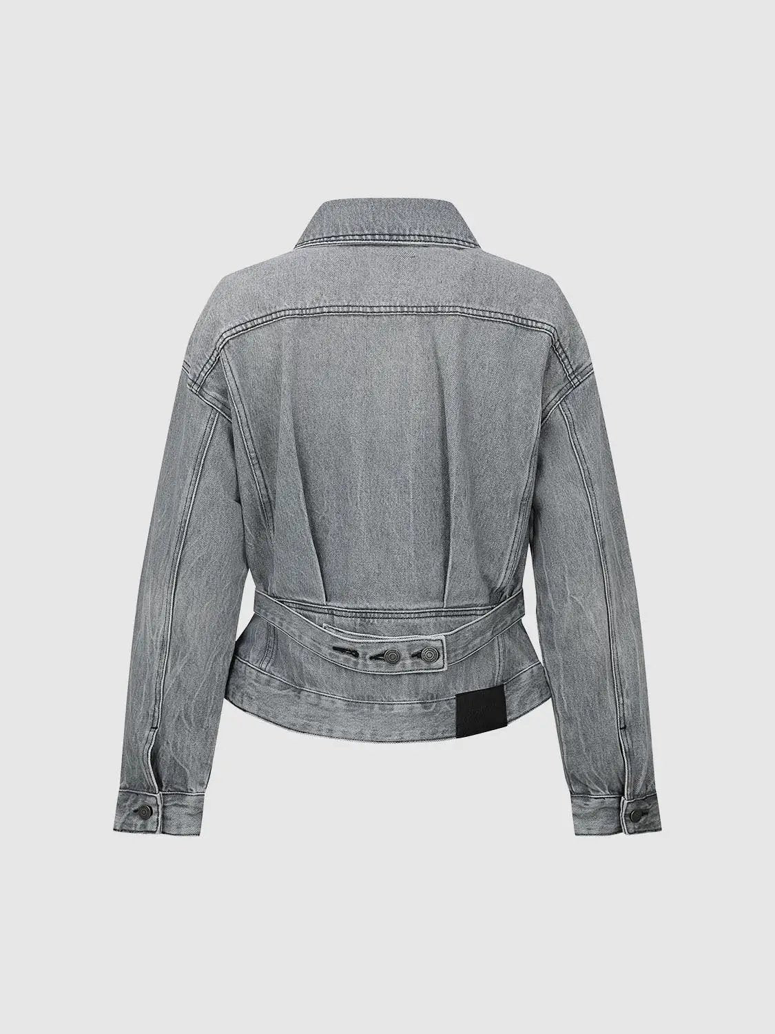 Point Collar Cropped Studded Sleeve Cotton Denim Jacket