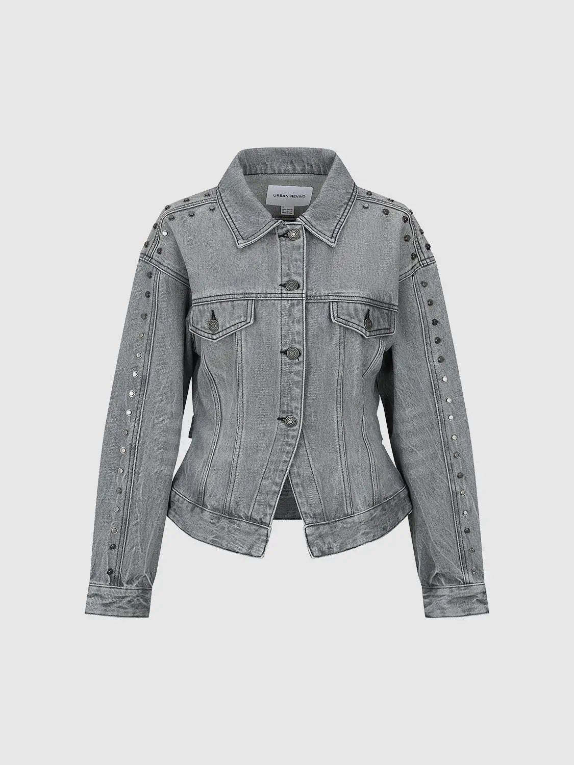 Point Collar Cropped Studded Sleeve Cotton Denim Jacket