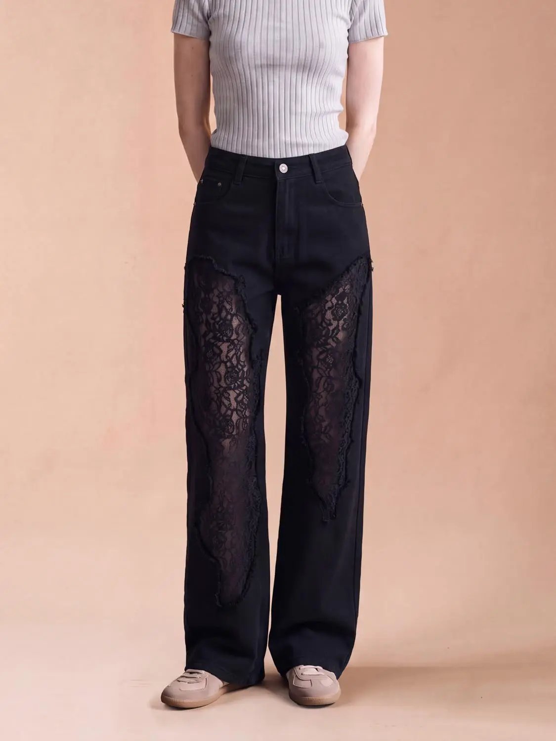 High Rise Ripped Lace Panel Wide Leg Cotton Jeans