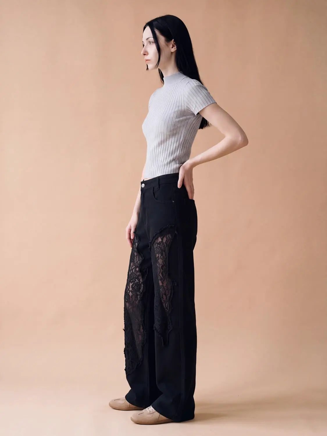High Rise Ripped Lace Panel Wide Leg Cotton Jeans