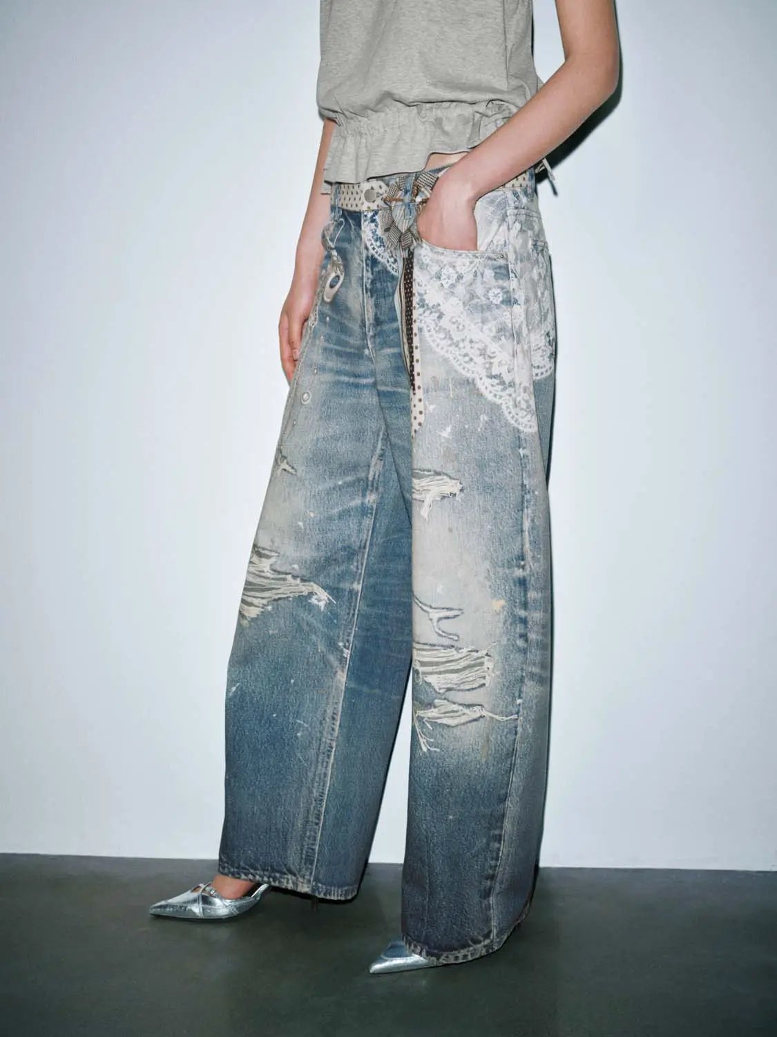 Distressed Splash Ink Raw Detail Wide Leg Cotton Denim Jeans