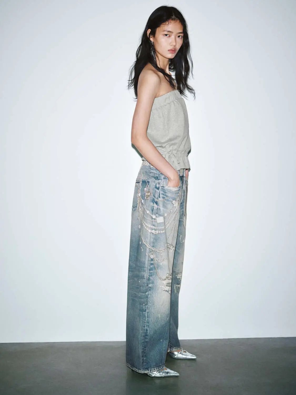 Distressed Splash Ink Raw Detail Wide Leg Cotton Denim Jeans