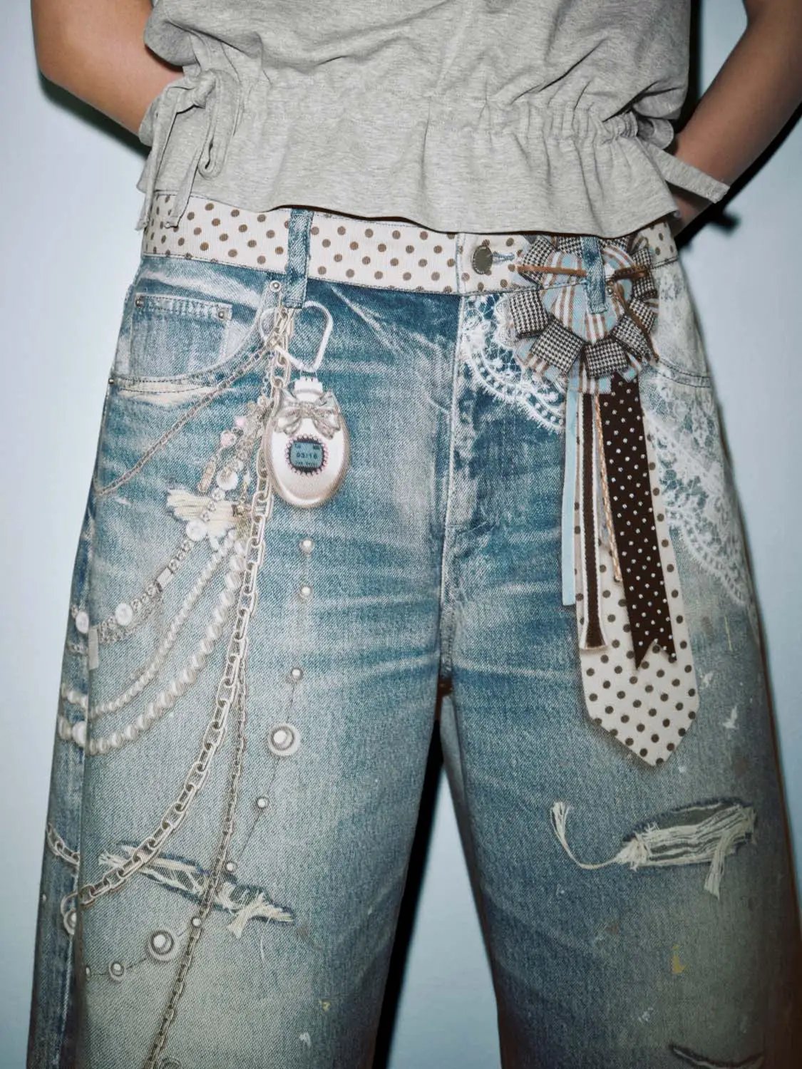 Distressed Splash Ink Raw Detail Wide Leg Cotton Denim Jeans