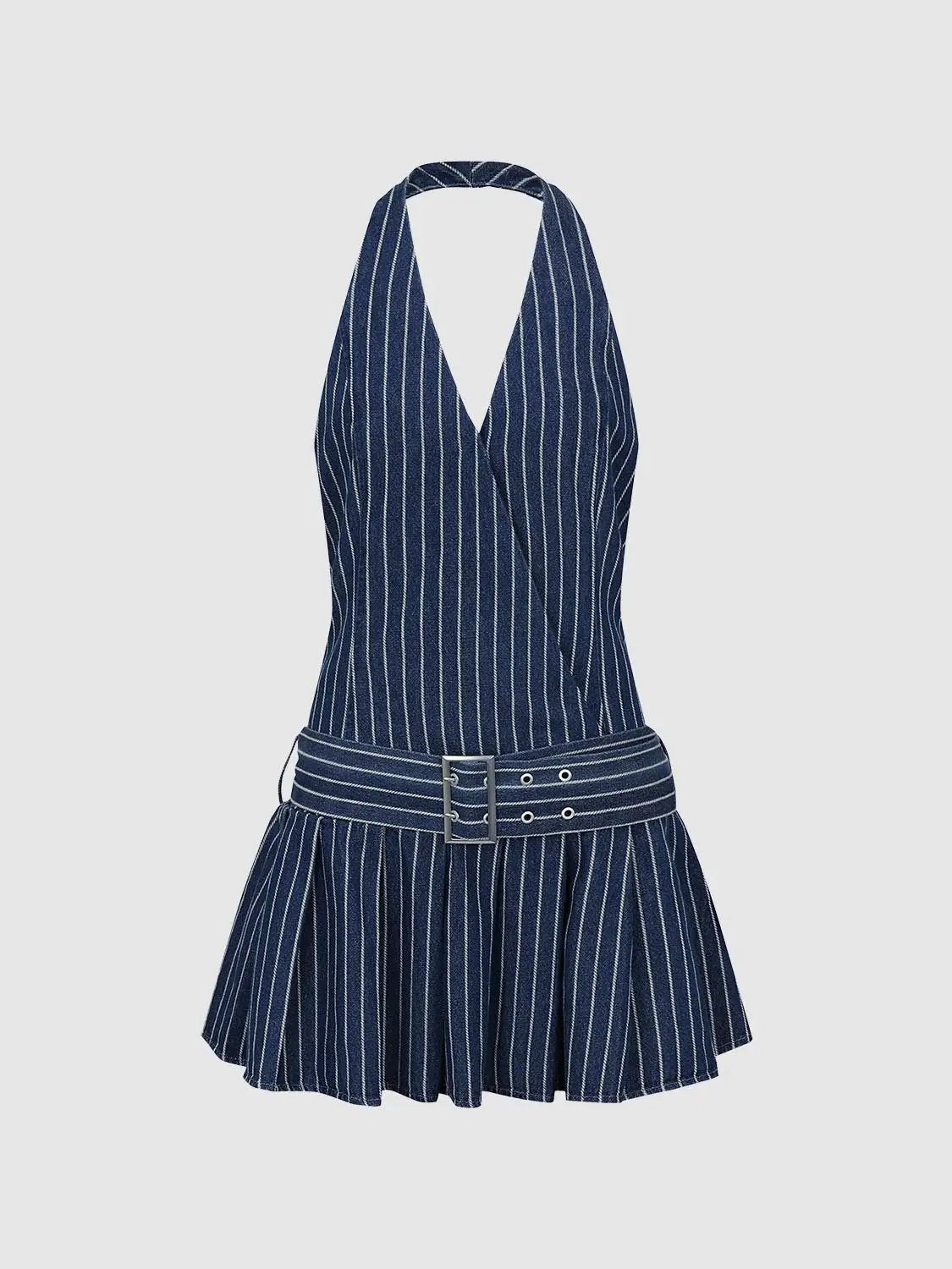 Belted Striped Pleated V-neck Sleeveless Mini Denim Dress