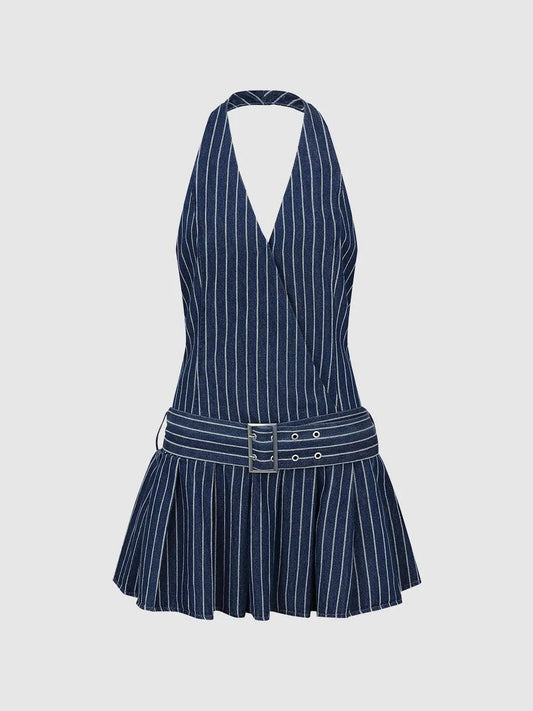Belted Striped Pleated V-neck Sleeveless Mini Denim Dress