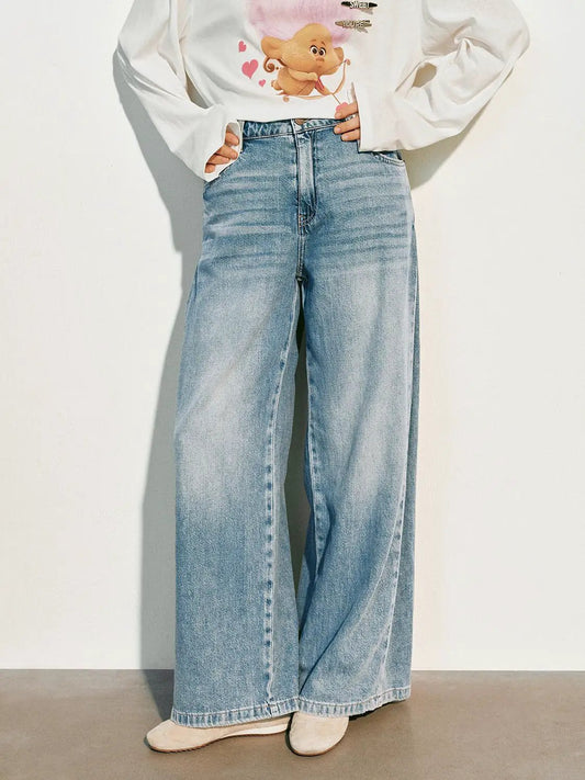 Light Wash Wide-leg High-waisted Cotton Blend Jeans