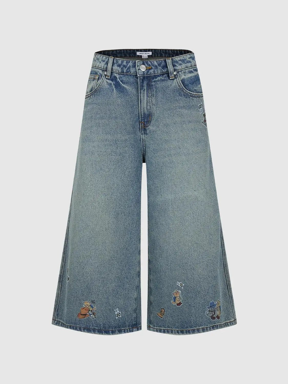 Patchwork Wide-leg Side Slit Cotton Capri Jeans