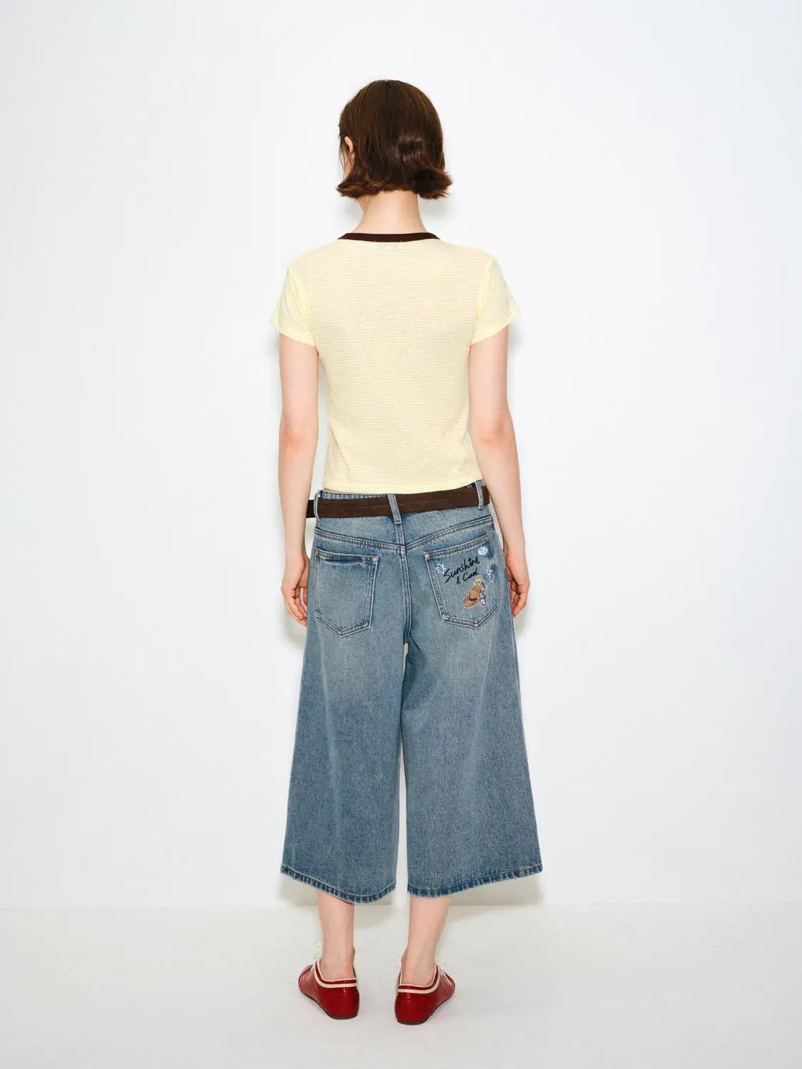 Patchwork Wide-leg Side Slit Cotton Capri Jeans