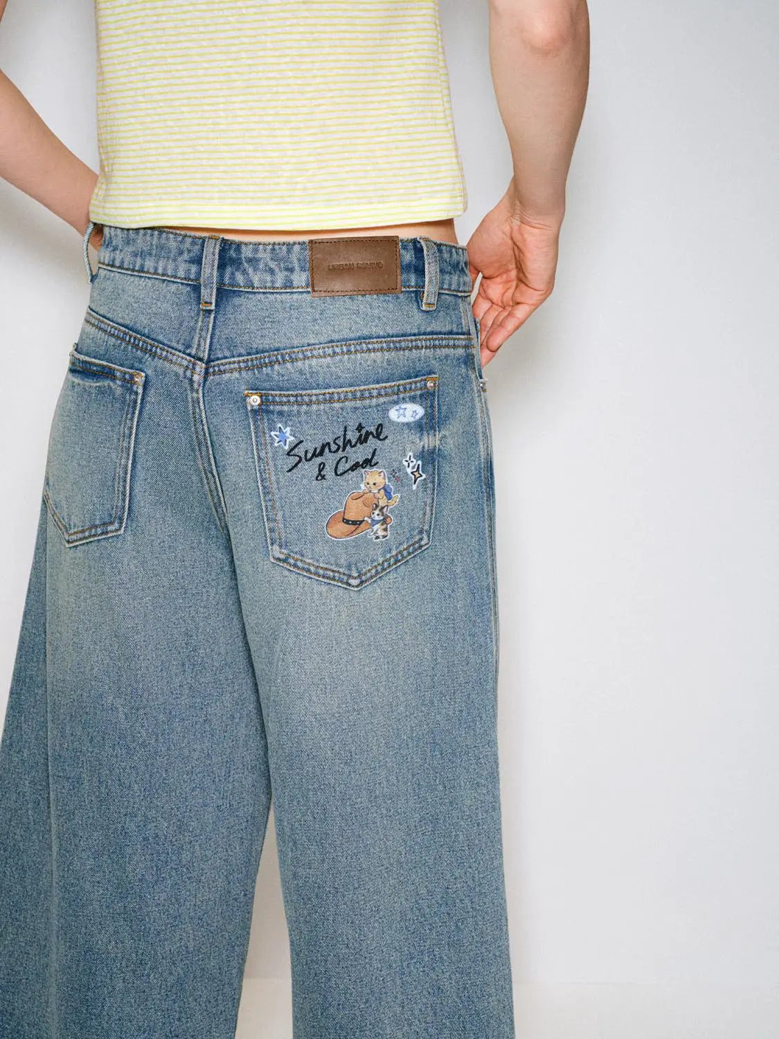 Patchwork Wide-leg Side Slit Cotton Capri Jeans