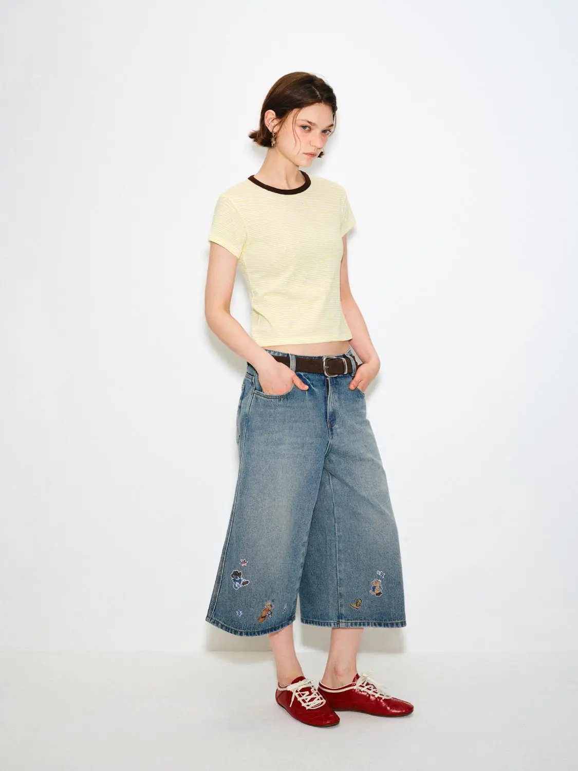Patchwork Wide-leg Side Slit Cotton Capri Jeans