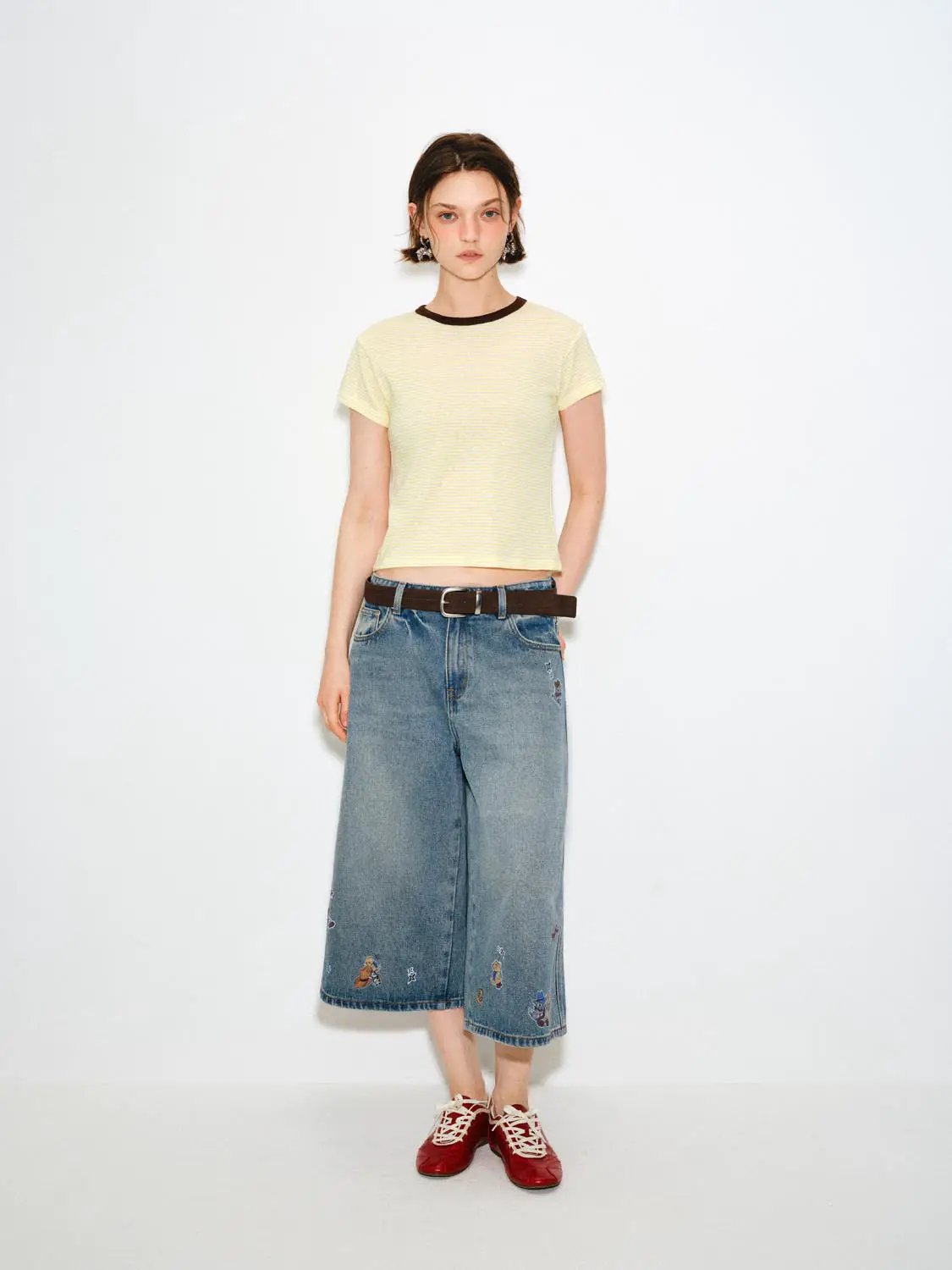 Patchwork Wide-leg Side Slit Cotton Capri Jeans