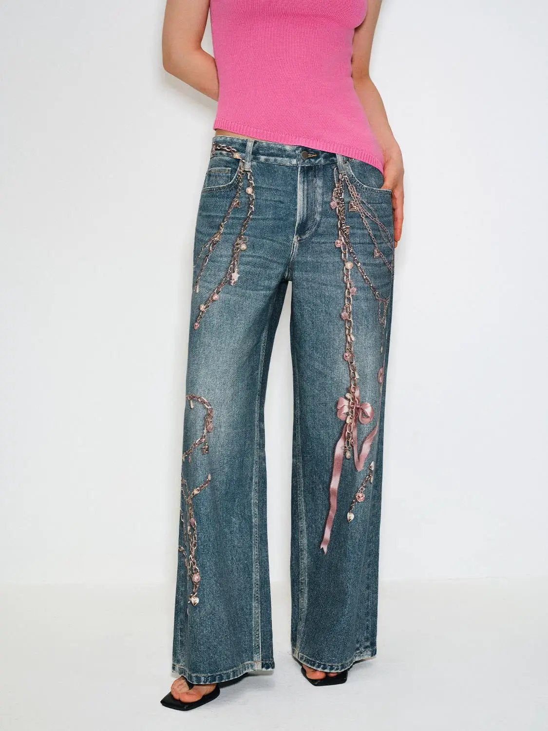 Decorated Printed Low-waisted Wide-leg Jeans