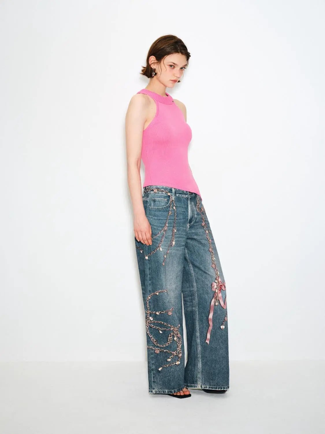 Decorated Printed Low-waisted Wide-leg Jeans